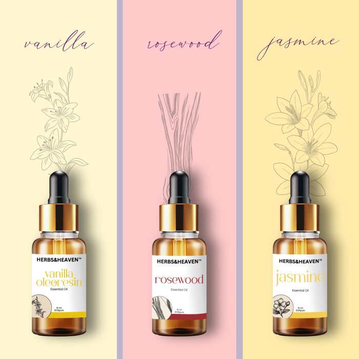 Herbs and Heaven Premium Fragrance Essential Oil Combo – Jasmine, Rosewood & Vanilla - Image 1