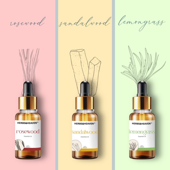 Herbs and Heaven Premium Fragrance Essential Oil Combo – Rosewood, Sandalwood & Lemongrass - Image 1
